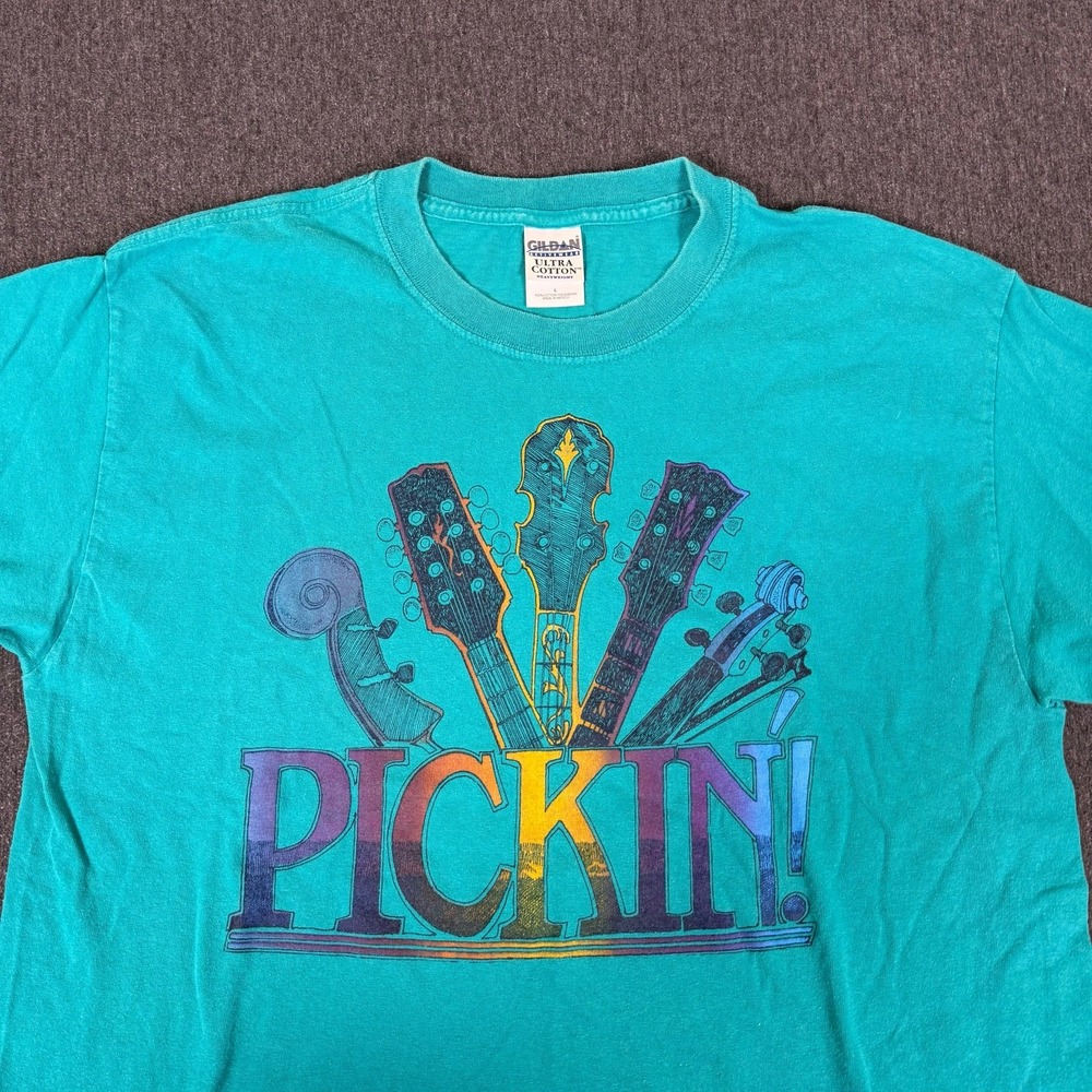 Gildan Vintage Pickin Guitar Graphic Regular Fit T-Shirt Mens Large Blue Cotton